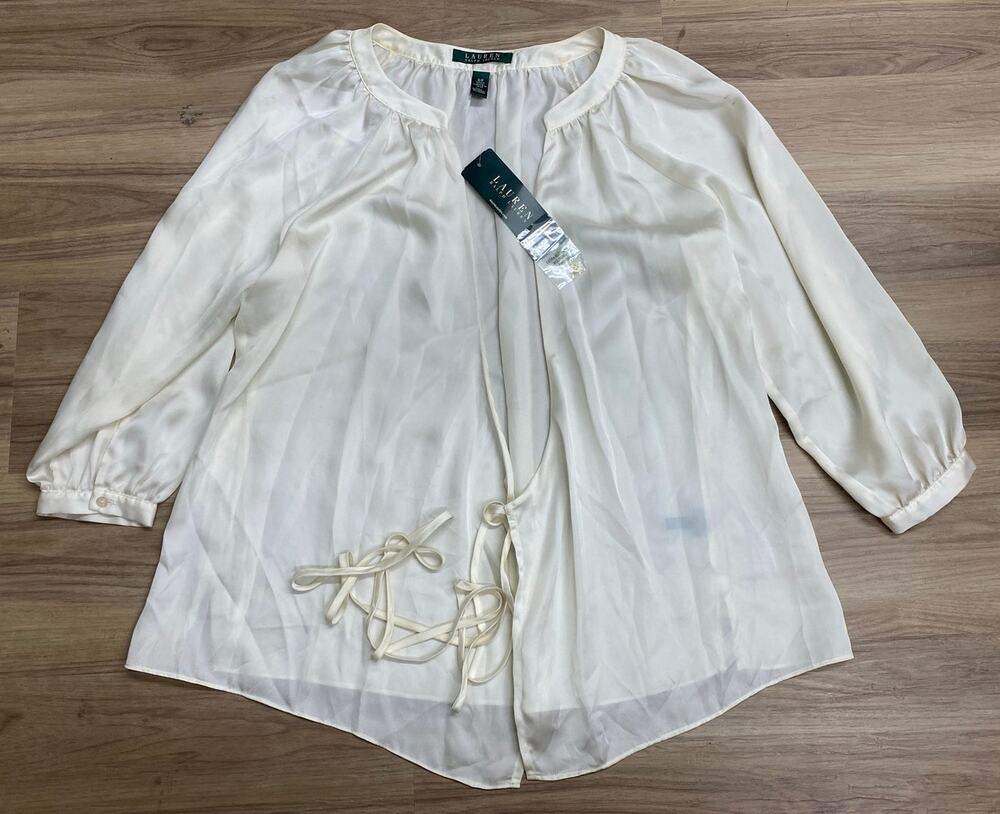 NEW VTG Women Lauren Ralph Lauren Pearl satin polyester open blouse, S